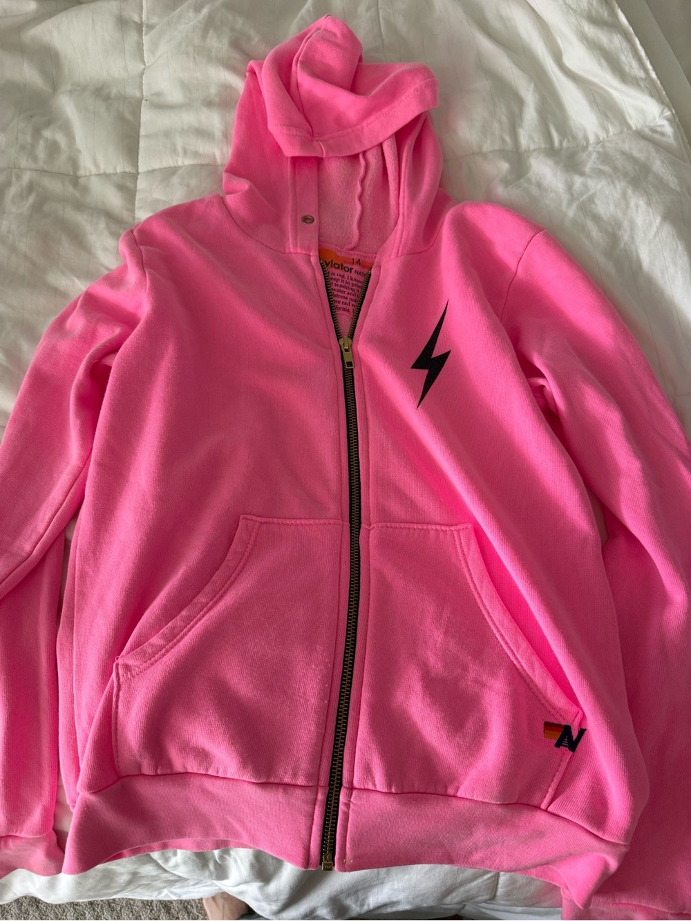 Tween Aviator Nation Hot Pink Full-Zip Hoodie w Lightning Bolt- worn once